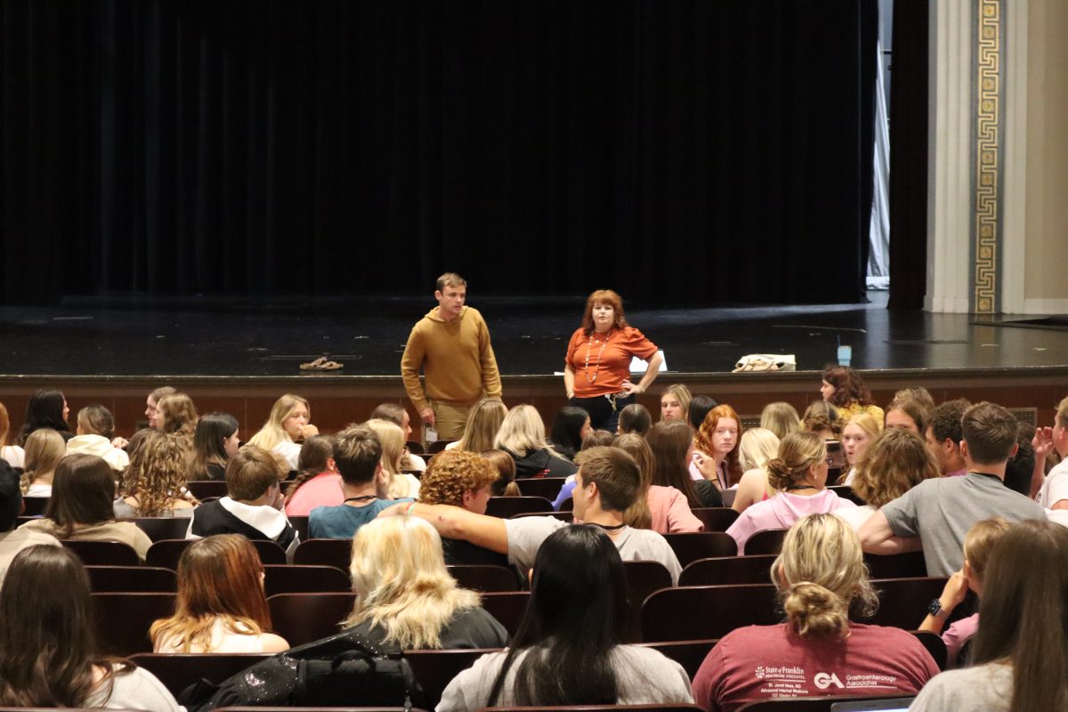 Members of Student Council meet in the auditorium for the first time this school year to discuss their upcoming events.