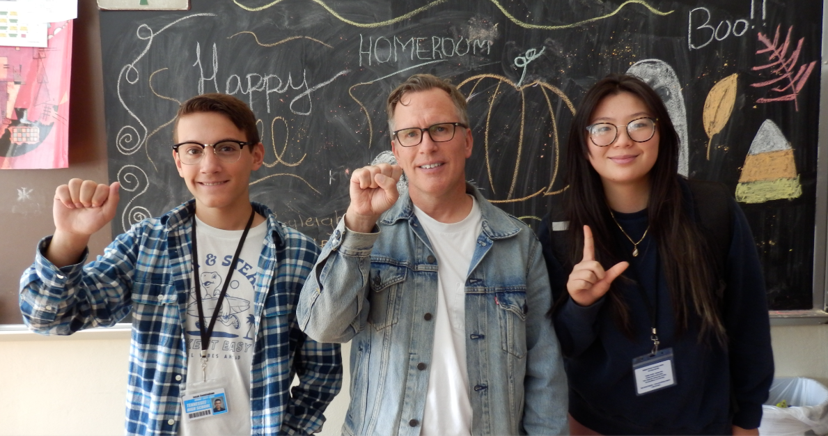 Jonah Cunningham, Mr. Davis, and Lily Chen sign "A, S, L".