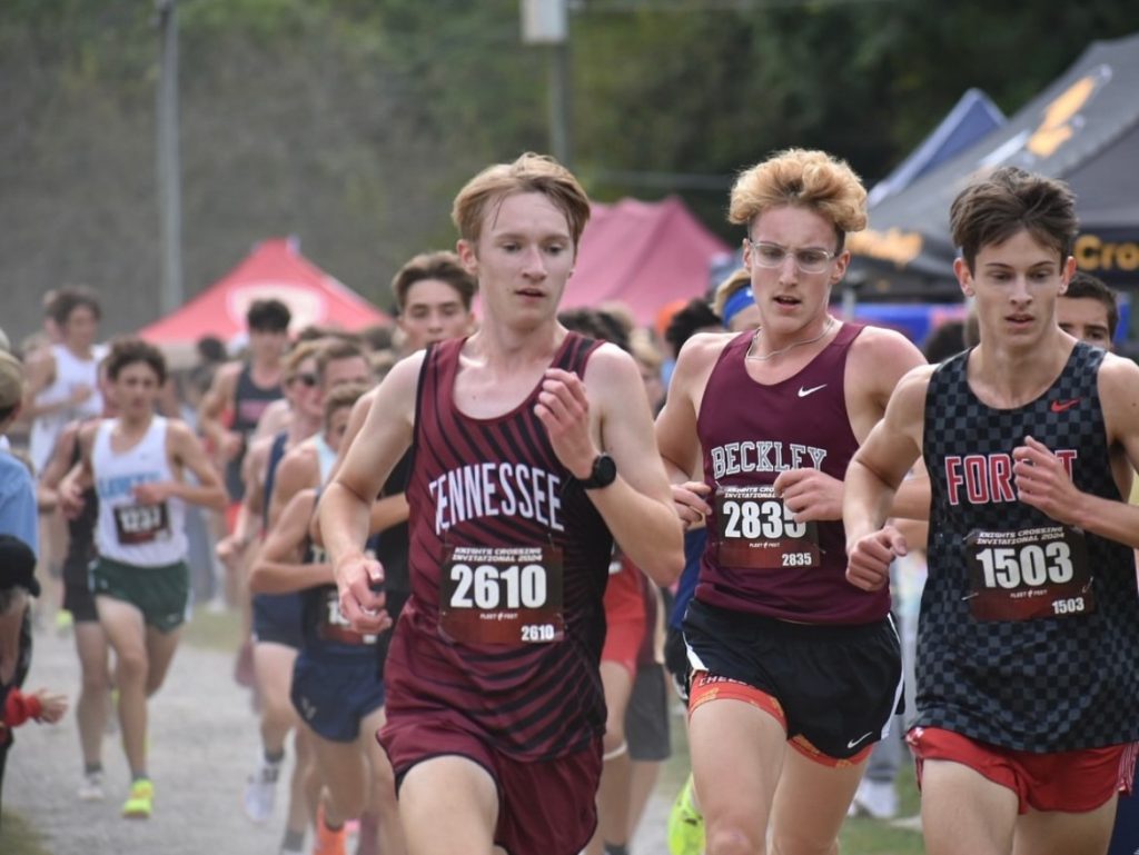 Junior Ryder Poole races for a PR at the Knight's Crossing Meet in Salem, Virginia.