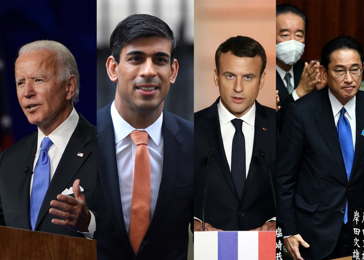 U.S. President Joe Biden (far left), U.K Former Prime Minister Rishi Sunak (left), French President Emmanuel Macron (right), and members of Japan's Liberal Democratic Party (far right) / Courtesy of iStock 