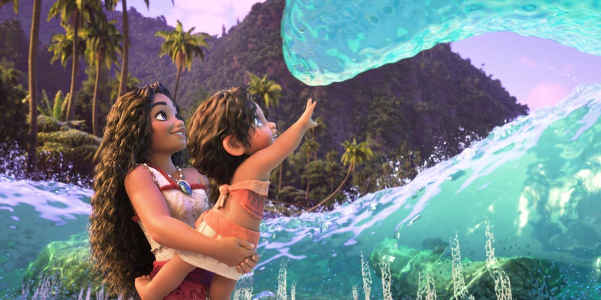 The ocean interacts playfully with Moana and her younger sister Simea.