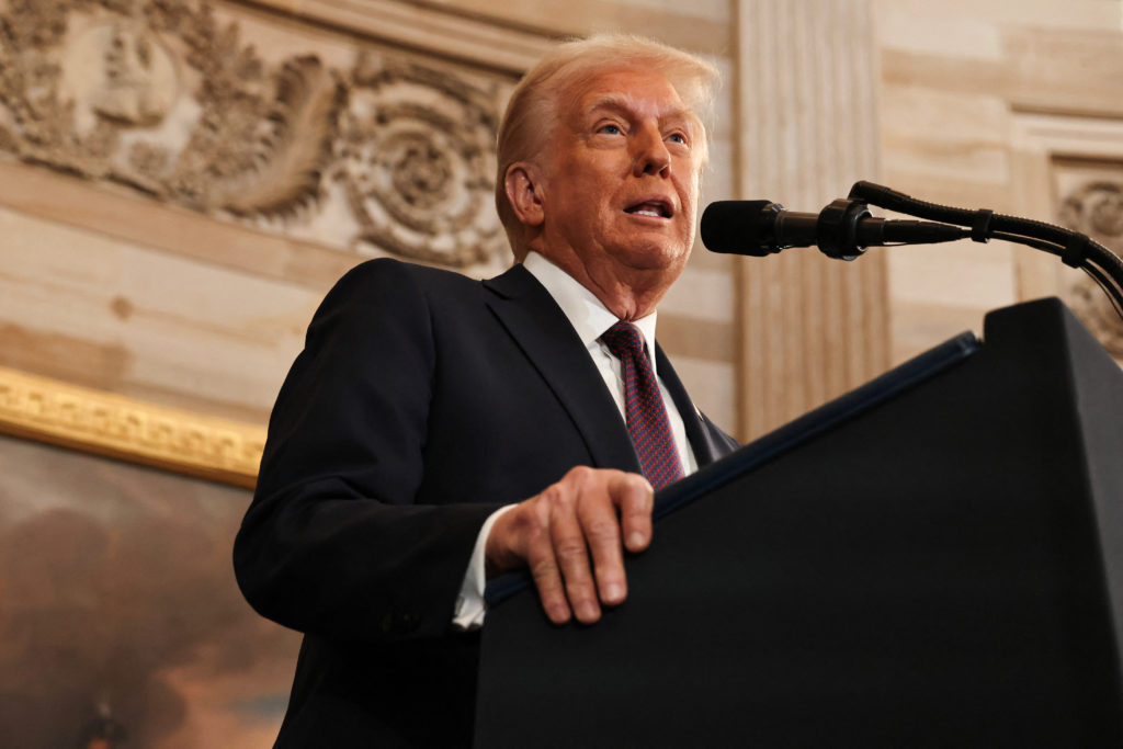 WASHINGTON, DC - JANUARY 20: U.S. President Donald Trump speaks during inauguration ceremonies in the Rotunda of the U.S. Capitol on January 20, 2025 in Washington, DC. Donald Trump takes office for his second term as the 47th president of the United States. 