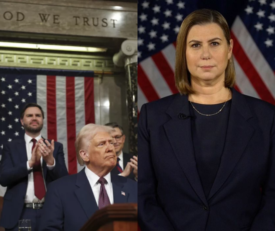 Left: President Donald Trump delivers his first address to Congress of his second presidency.
Right: Senator Elissa Slotkin of Michigan delivers the Democratic response to Trump's remarks.