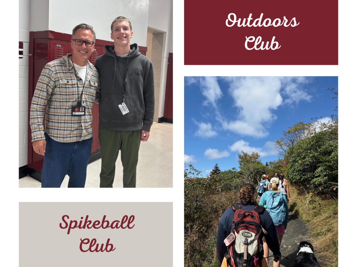 In the image on the left, Tim Davis (left) sponsors the THS Spikeball Club, a new club started by senior Ian Gassiot (right). The image on the right, taken by Sophia Streetman, shows members of the new Outdoors Club on a hike.