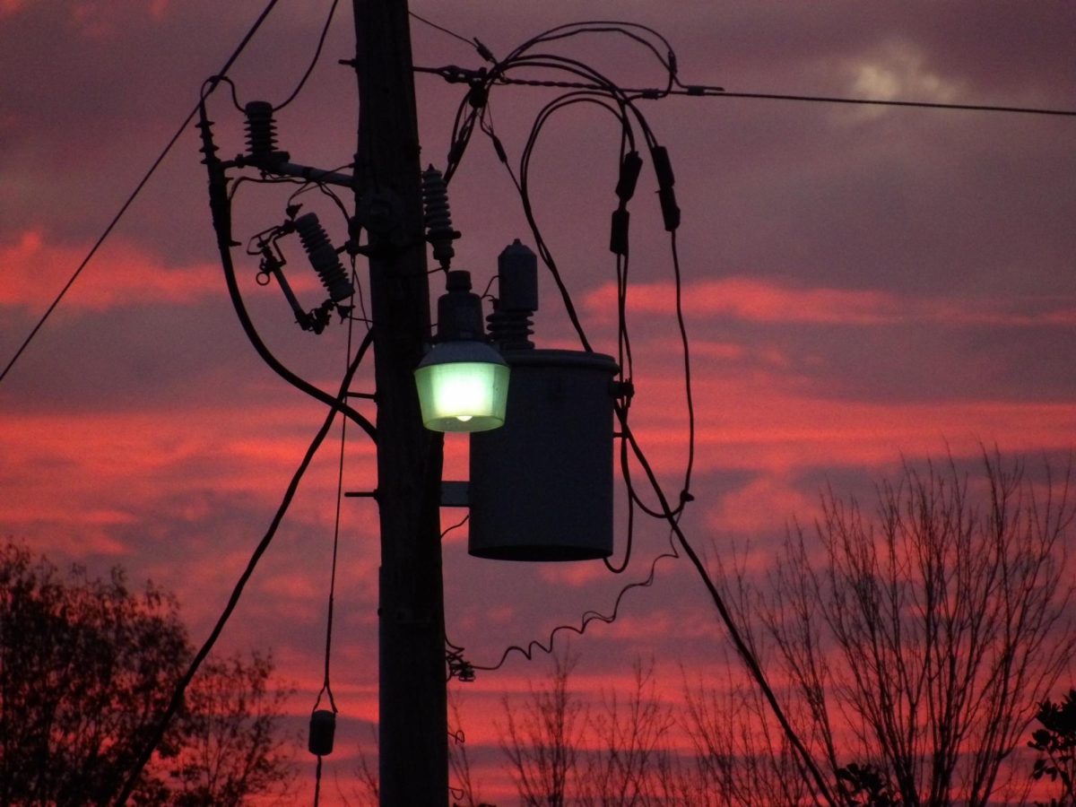 A lone utility pole with a single greenish-white streetlight shining against it, the sky behind the structure a striking mix of muted pinks and purples.