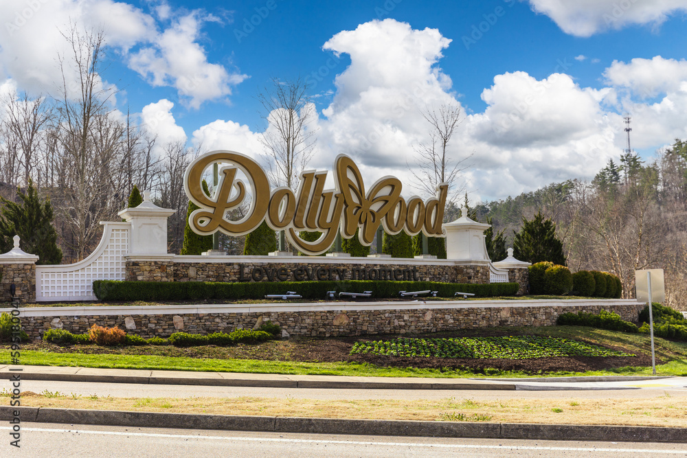 Dolly Parton's theme park, Dollywood, features a variety of rides, live performances, and great food. Pictured is the entrance to the park, located in Pigeon Forge, TN.