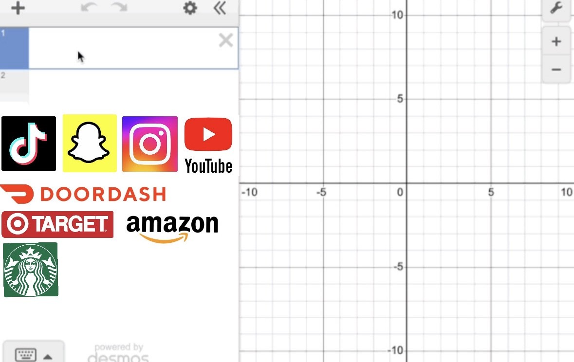 New Desmos graphing calculator screen featuring social media, shopping, and food services.