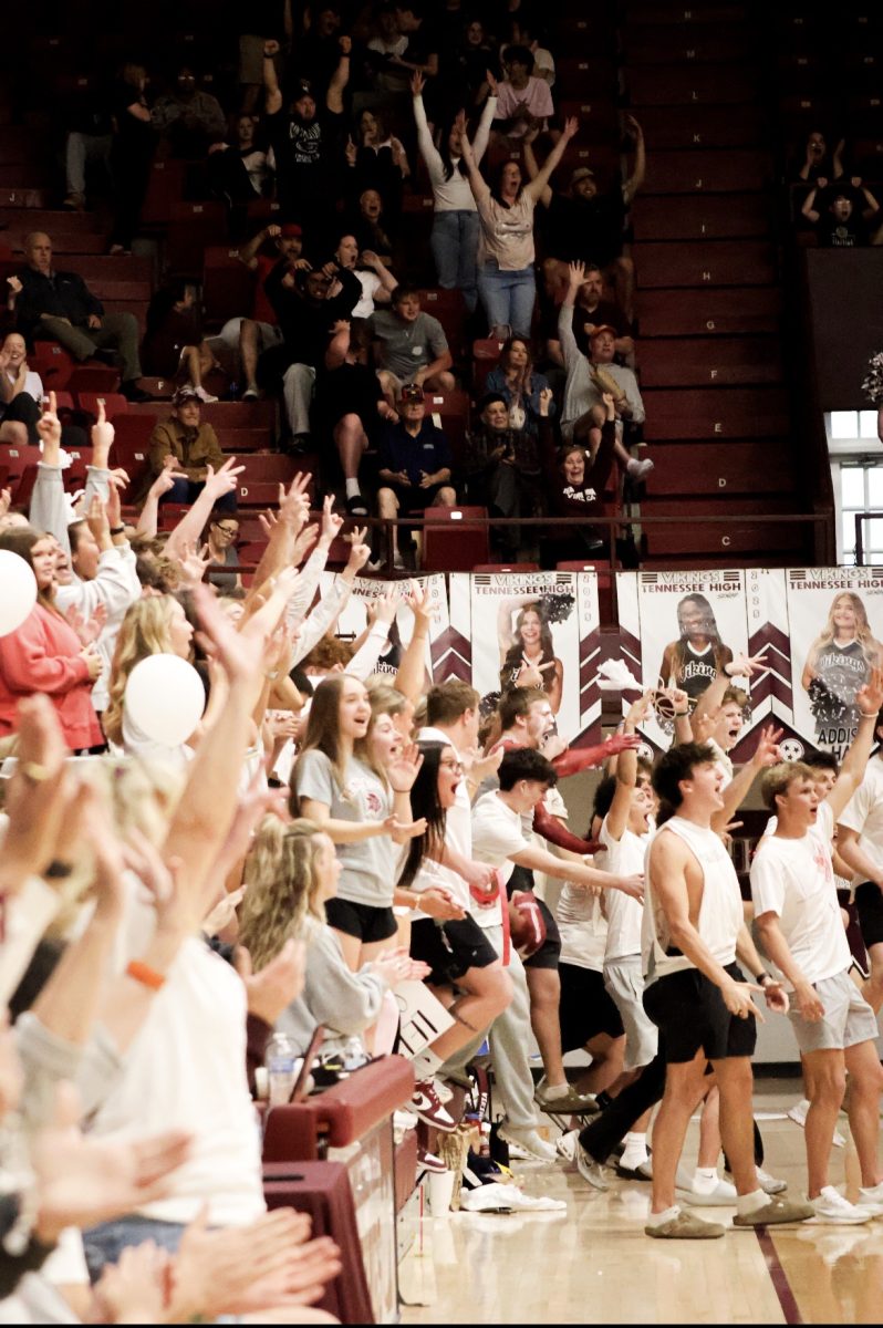 The crowd erupts after the Vikings make a major basket, showcasing their support.
